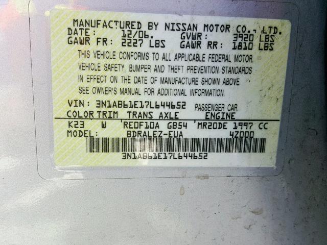 3N1AB61E17L644652 - 2007 NISSAN SENTRA 2.0 SILVER photo 10