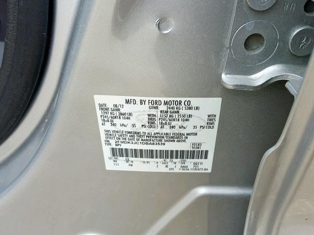 2FMDK3JC1DBA83539 - 2013 FORD EDGE SEL SILVER photo 10