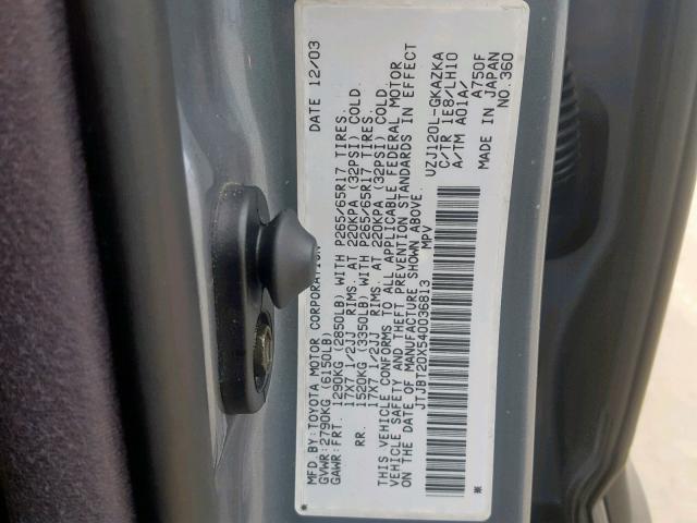 JTJBT20X540036813 - 2004 LEXUS GX 470 GRAY photo 10