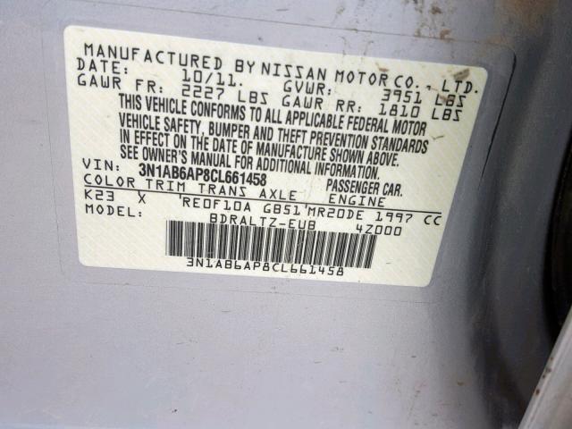 3N1AB6AP8CL661458 - 2012 NISSAN SENTRA 2.0 SILVER photo 10