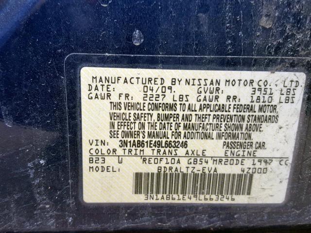 3N1AB61E49L663246 - 2009 NISSAN SENTRA 2.0 BLUE photo 10