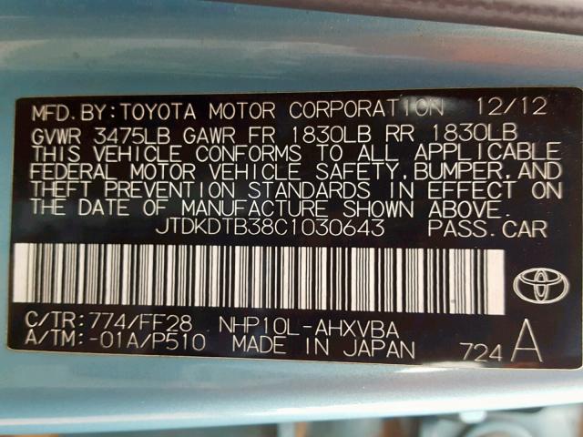 JTDKDTB38C1030643 - 2012 TOYOTA PRIUS C BLUE photo 10