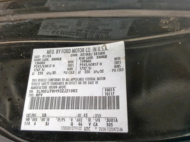 5LMEU78H93ZJ21082 - 2003 LINCOLN AVIATOR 黑色 照片 10