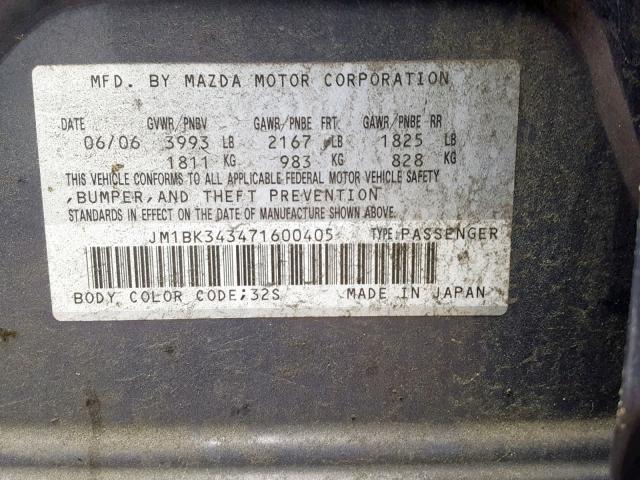 JM1BK343471600405 - 2007 MAZDA 3 HATCHBAC GRAY photo 10