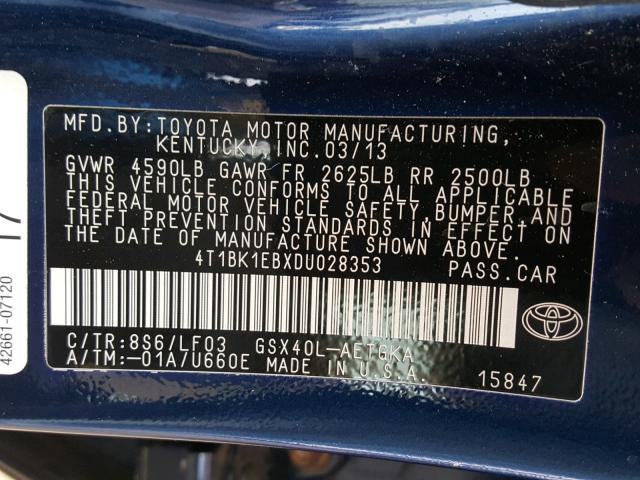 4T1BK1EBXDU028353 - 2013 TOYOTA AVALON BAS BLUE photo 10