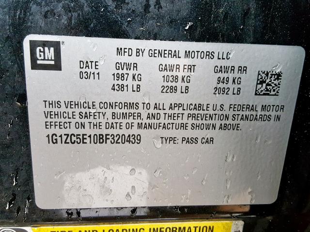 1G1ZC5E10BF320439 - 2011 CHEVROLET MALIBU 1LT BLACK photo 10