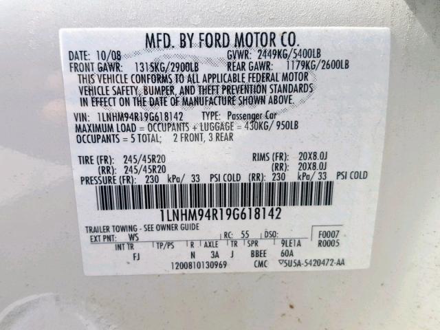 1LNHM94R19G618142 - 2009 LINCOLN MKS WHITE photo 10