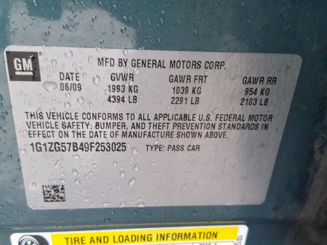 1G1ZG57B49F253025 - 2009 CHEVROLET MALIBU LS GREEN photo 10