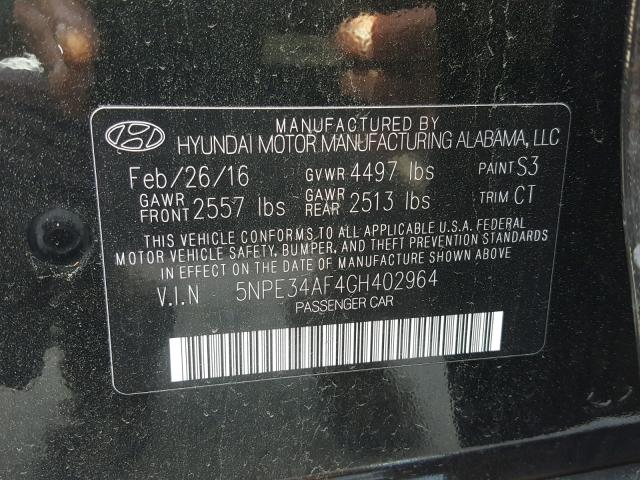 5NPE34AF4GH402964 - 2016 HYUNDAI SONATA SPO BLACK photo 10