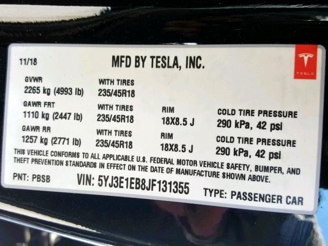 5YJ3E1EB8JF131355 - 2018 TESLA MODEL 3 BLACK photo 10