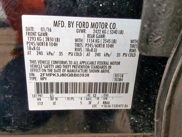 2FMPK3J80GBB03938 - 2016 FORD EDGE SEL BLACK photo 10