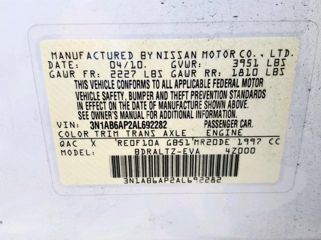 3N1AB6AP2AL692282 - 2010 NISSAN SENTRA 2.0 WHITE photo 10