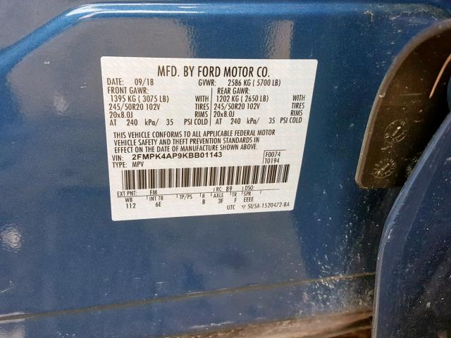 2FMPK4AP9KBB01143 - 2019 FORD EDGE ST BLUE photo 10