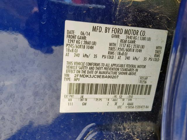 2FMDK3JC9EBA90207 - 2014 FORD EDGE SEL BLUE photo 10