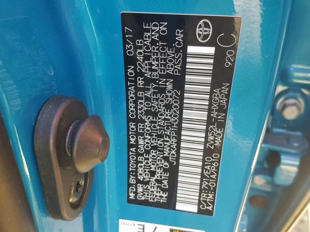 JTDKARFP1H3020072 - 2017 TOYOTA PRIUS PRIM 蓝色 照片 10