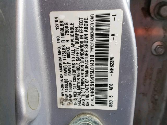 1HGES16475L014310 - 2005 HONDA CIVIC DX SILVER photo 10