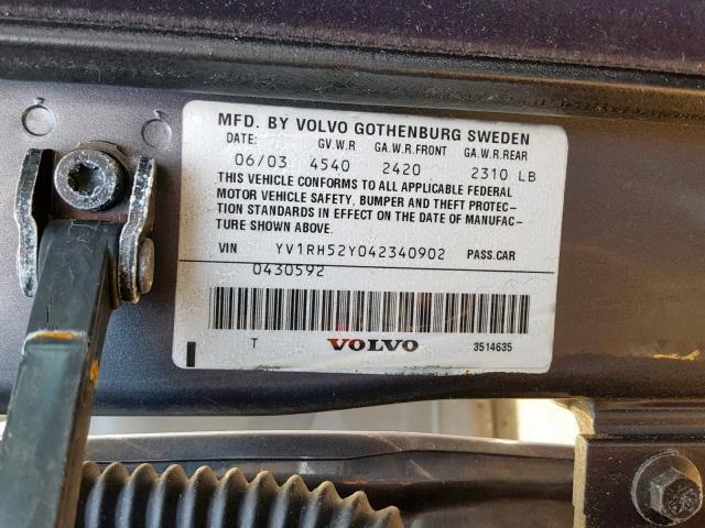 YV1RH52Y042340902 - 2004 VOLVO S60 R GRAY photo 10