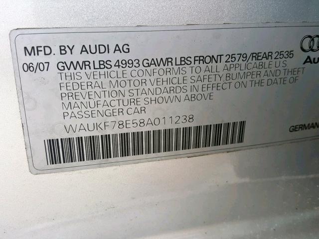 WAUKF78E58A011238 - 2008 AUDI A4 2.0T AV SILVER photo 10