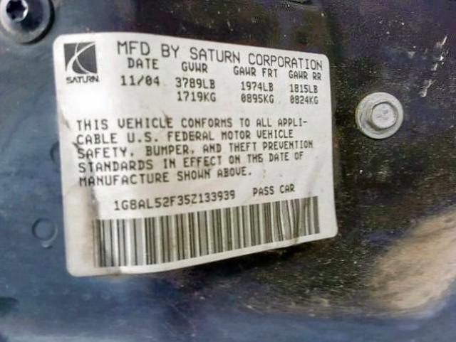 1G8AL52F35Z133939 - 2005 SATURN ION LEVEL GRAY photo 10