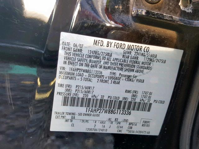 1FAHP27W88G113336 - 2008 FORD TAURUS SEL BLACK photo 10