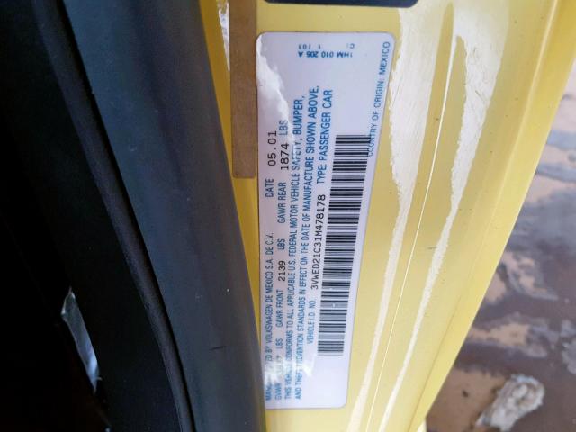 3VWED21C31M478178 - 2001 VOLKSWAGEN NEW BEETLE ყვითელი ფოტო 10