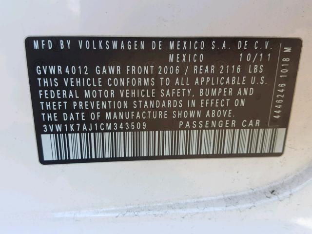 3VW1K7AJ1CM343509 - 2012 VOLKSWAGEN JETTA BASE WHITE photo 10