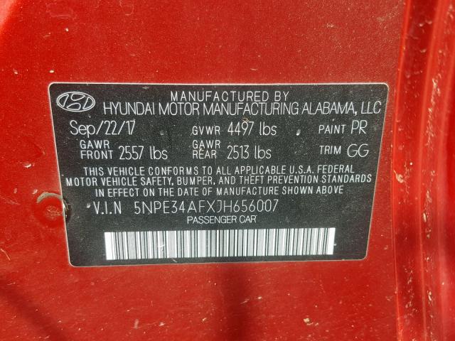 5NPE34AFXJH656007 - 2018 HYUNDAI SONATA SPO RED photo 10