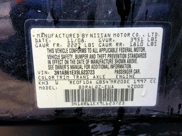 3N1AB61EX9L623723 - 2009 NISSAN SENTRA 2.0 BLACK photo 10