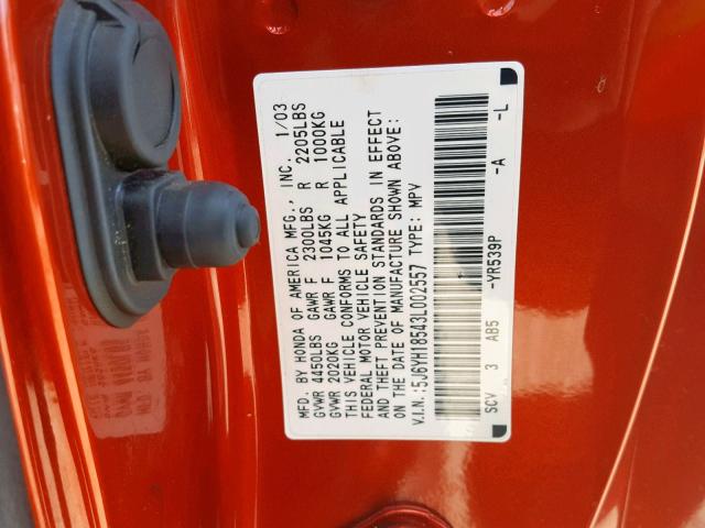 5J6YH18543L002557 - 2003 HONDA ELEMENT EX ORANGE photo 10