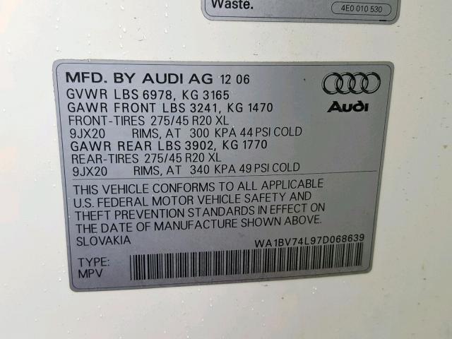 WA1BV74L97D068639 - 2007 AUDI Q7 4.2 QUA WHITE photo 10