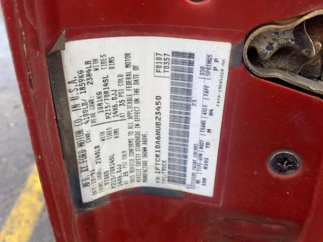 1FTCR10A6NUB23450 - 1992 FORD RANGER RED photo 10