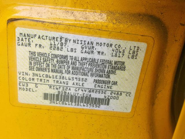 3N1CB61E38L659552 - 2008 NISSAN SENTRA SE- YELLOW photo 10