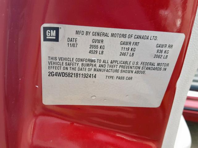 2G4WD582181192414 - 2008 BUICK LACROSSE C RED photo 10