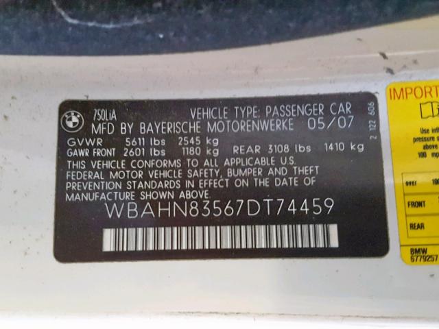 WBAHN83567DT74459 - 2007 BMW 750 WHITE photo 10