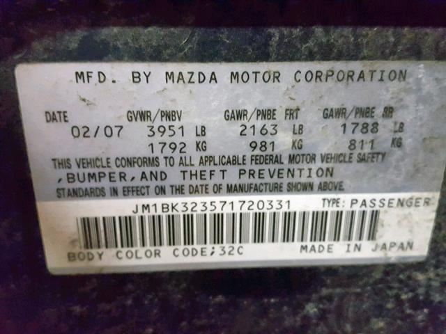 JM1BK323571720331 - 2007 MAZDA 3 S BLUE photo 10