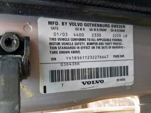 YV1RS61T232276647 - 2003 VOLVO S60 SILVER photo 10