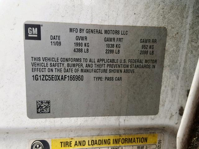 1G1ZC5E0XAF166960 - 2010 CHEVROLET MALIBU 1LT 白色 照片 10