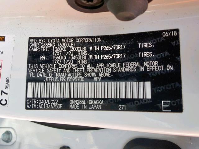 JTEBU5JR9J5595700 - 2018 TOYOTA 4RUNNER SR WHITE photo 10