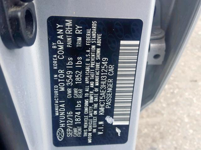 KMHCT5AE3HU312549 - 2017 HYUNDAI ACCENT SE GRAY photo 10