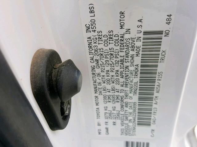 5TENX22N46Z286899 - 2006 TOYOTA TACOMA WHITE photo 10