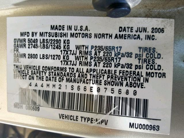 4A4MM21S66E075680 - 2006 MITSUBISHI ENDEAVOR L SILVER photo 10