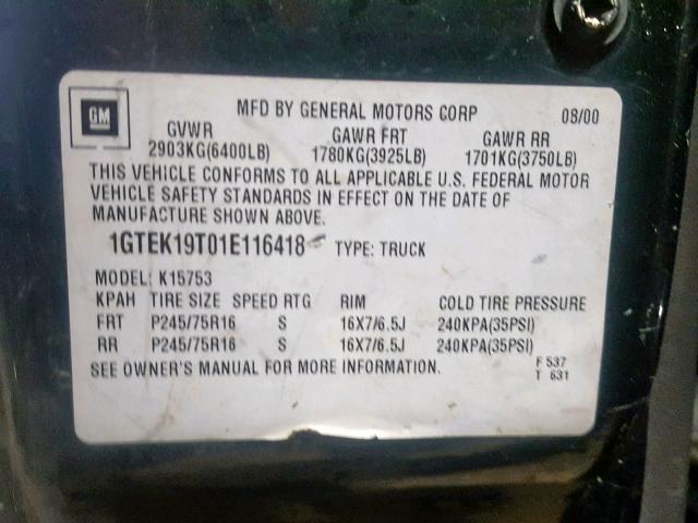 1GTEK19T01E116418 - 2001 GMC NEW SIERRA GREEN photo 10