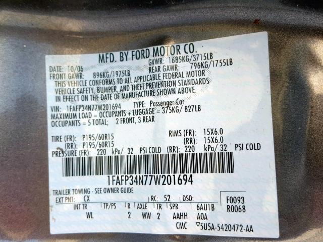 1FAFP34N77W201694 - 2007 FORD FOCUS ZX4 GRAY photo 10