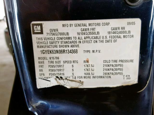 1GYEK63N06R134368 - 2006 CADILLAC ESCALADE L BLUE photo 10