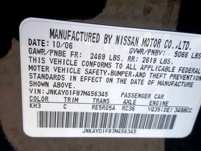 JNKAY01F87M456345 - 2007 INFINITI M35 BASE BLACK photo 10