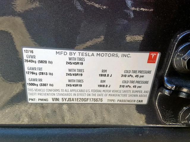 5YJSA1E20GF176676 - 2016 TESLA MODEL S გრაფიტი ფოტო 10