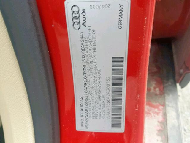 WAUVT68E42A308752 - 2002 AUDI A4 3.0 AVA RED photo 10