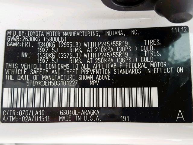 5TDYK3EH5DS101227 - 2013 TOYOTA HIGHLANDER WHITE photo 10