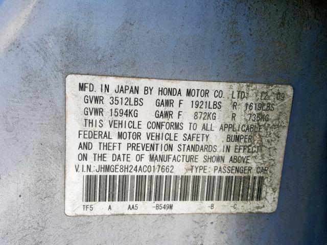 JHMGE8H24AC017662 - 2010 HONDA FIT BLUE photo 10