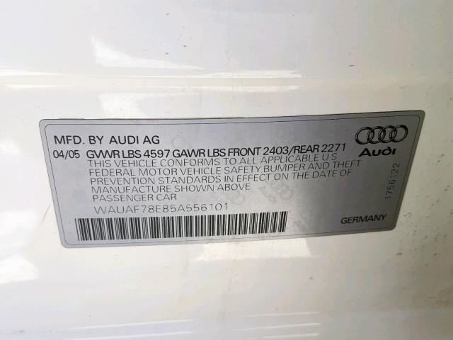 WAUAF78E85A556101 - 2005 AUDI A4 2.0T WHITE photo 10